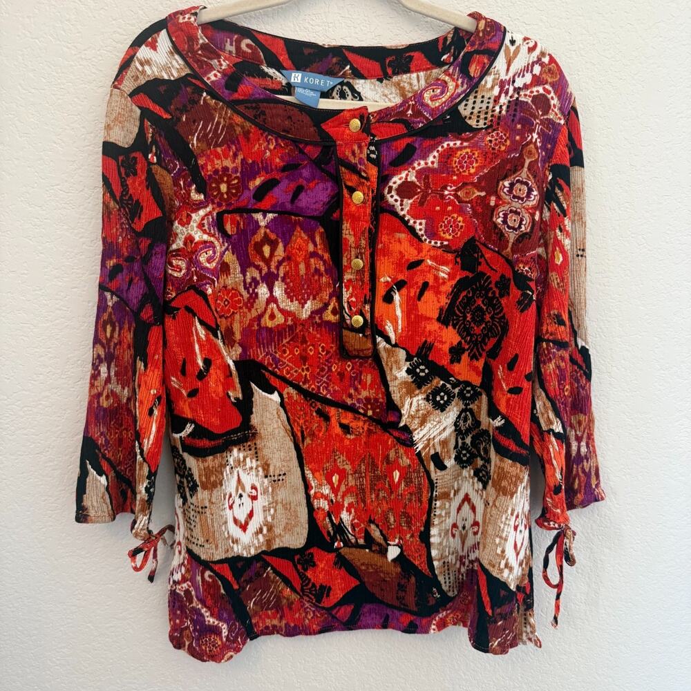 Koret Women’s XL Rayon Tunic Blouse 3/4 Sleeve Multicolor Abstract Print Boho